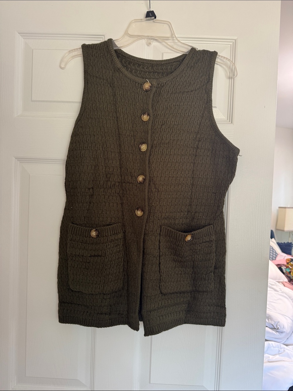 Sleeveless Button-Front Knit Vest in Olive Brown